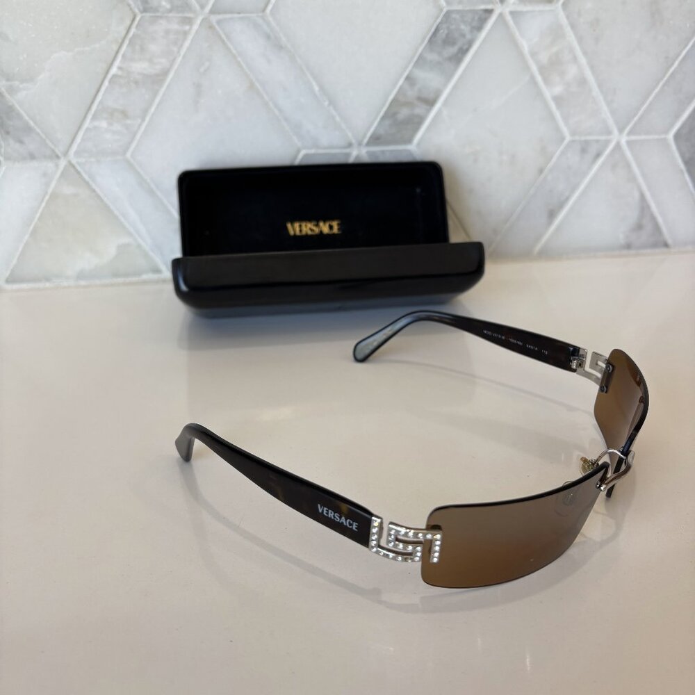 Versace Rhinestone Logo Black Brown Rimless Sunglasses Designer Case Timeless